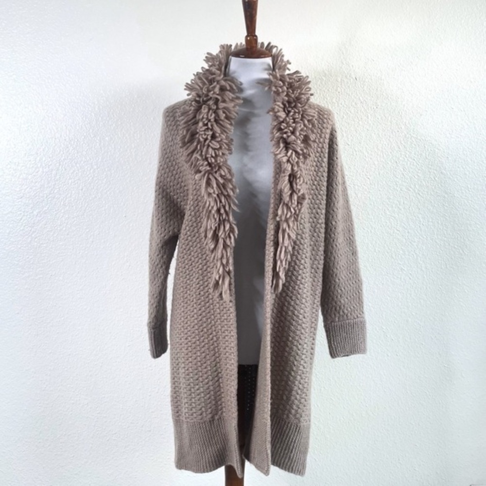Chico's Wool Blend Boho Long Cardigan Wmns 0 Brown Knit Loop Fringe Collar Cozy